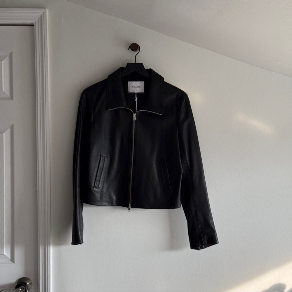 Frame Exposed Zip Leather Jacket in Black